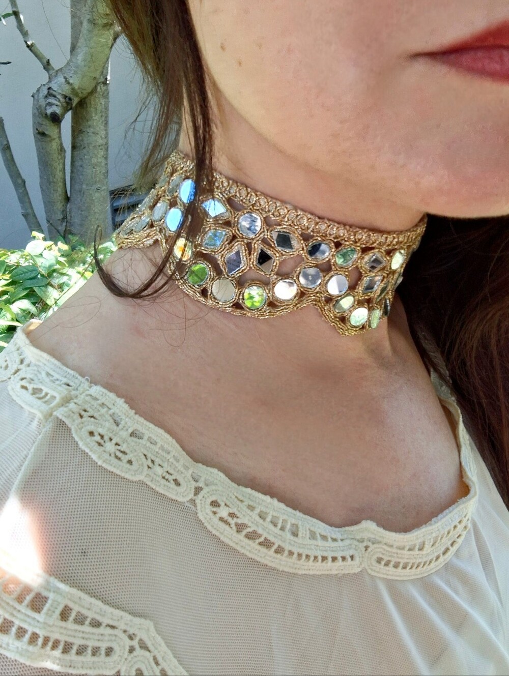 Handmade Boho Gold Mirror Choker Necklace Women Jewelry Festival Party Vacation